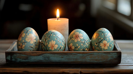 Four delicately painted Easter eggs in a rustic wooden tray, illuminated by a softly glowing candle. A scene of springtime peace.の写真素材