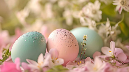 Three pastel Easter eggs, adorned with glitter, rest amidst a bed of soft pink and white blossoms.