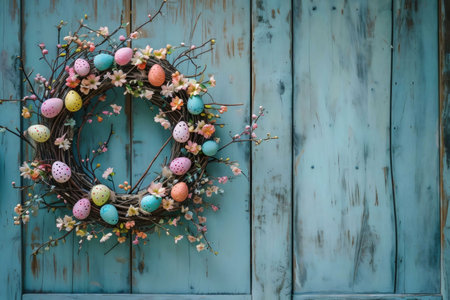 A charming pastel Easter egg wreath adorns a rustic teal wooden door, creating a festive springtime...