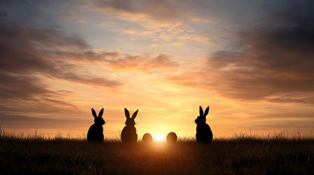 Three rabbits silhouettes at sunset with eggs. Peaceful scene.