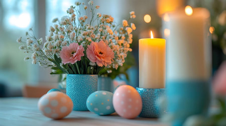 Pastel Easter table setting with pink flowers, candles, and decorated eggs.の写真素材