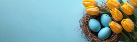 Pastel blue eggs nestled alongside vibrant yellow tulips in a rustic bird's nest. A perfect Easter image.の写真素材