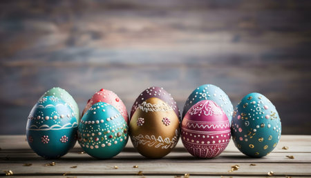Six beautifully decorated Easter eggs sit on a rustic wooden surface. The eggs are painted in...