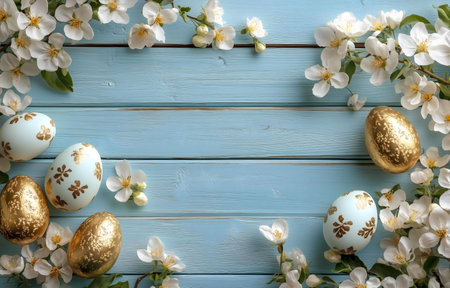 Easter eggs decorated with gold accents surrounded by delicate white blossoms on a rustic blue...
