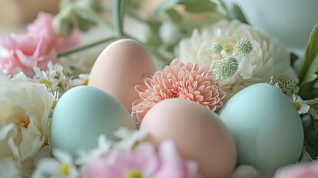 Close up of pastel colored Easter eggs surrounded by pretty spring flowers.