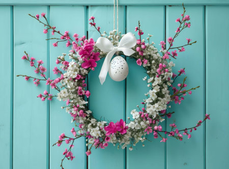 A charming Easter wreath adorned with delicate pink and white blossoms, hanging against a vibrant...