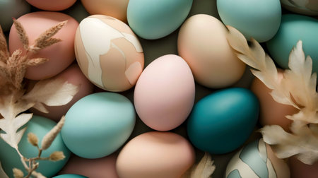 Close-up view of pastel-colored Easter eggs decorated with dried flowers.