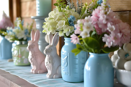 Pastel Easter decor featuring ceramic bunnies and mason jar vases filled with spring flowers. A...