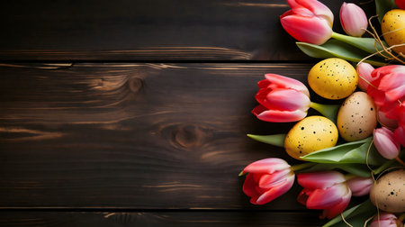 Pretty pink tulips and speckled easter eggs arranged on a dark wooden surface. Perfect for Easter greeting cards or spring themed designs.の写真素材