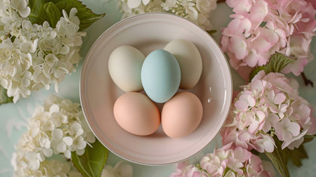 Pastel colored Easter eggs arranged in a bowl, surrounded by delicate hydrangeas. Springtime celebration.の写真素材