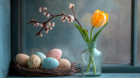 A delightful Easter scene with pastel eggs in a bird's nest and a vibrant yellow tulip.