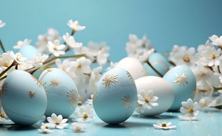Delicate pastel Easter eggs adorned with gold accents rest amidst blossoming branches. A springtime...
