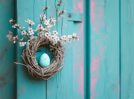 A light blue Easter egg in a rustic wreath with white spring blossoms hanging on a turquoise wooden door.の写真素材