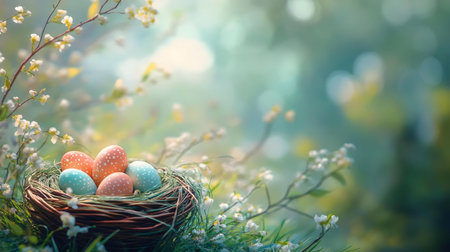 Pastel Easter eggs in a bird's nest surrounded by spring flowers.の写真素材