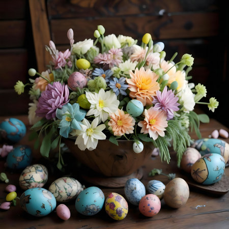 A delightful Easter arrangement featuring pastel flowers and decorated eggs in a rustic wooden bowl.