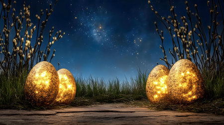 Glowing Easter eggs in a night scene with stars and grassの写真素材