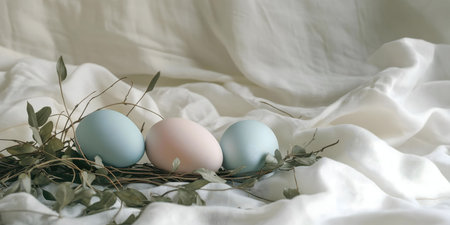 Three pastel-colored eggs rest gently in a twig nest, on a soft white fabric background. A springtime scene.の写真素材
