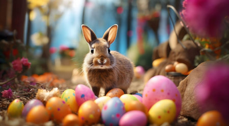 A charming brown bunny surrounded by vibrantly colored Easter eggs. A delightful spring scene.の写真素材