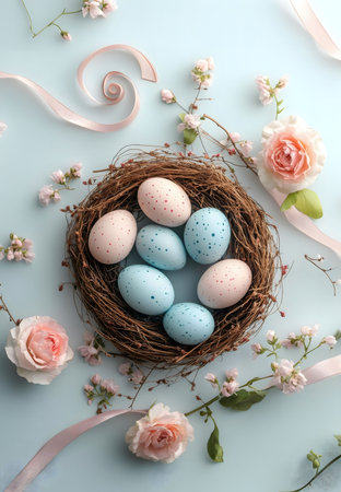 Pastel colored Easter eggs in a rustic bird nest surrounded by pink roses and ribbons on a light blue background. A spring festive decoration.の写真素材
