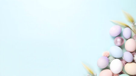 Pastel-colored Easter eggs arranged with dried flowers on a light blue background. Perfect for...