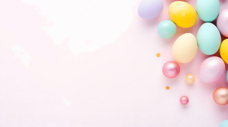 Pastel colored eggs and confetti on a pink background. Perfect for Easter and Spring celebrations.