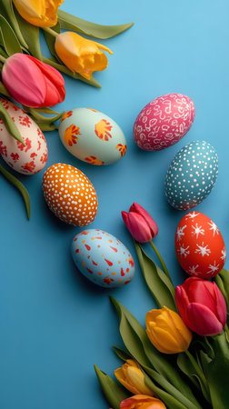 A vibrant Easter arrangement featuring colorful eggs and a bouquet of tulips against a blue...