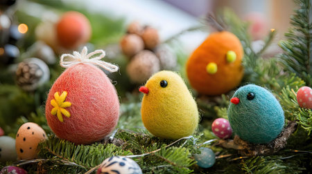 Charming felt Easter decorations: Colorful birds and eggs nestled in greenery.