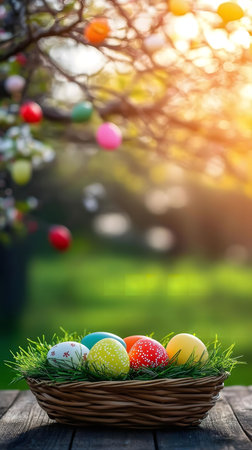 Colorful Easter eggs in a woven basket, nestled in green grass, bathed in warm sunlight. A perfect springtime scene!の写真素材