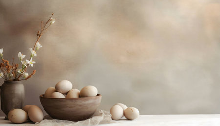 A serene still life featuring a wooden bowl of eggs, delicate white flowers, and an earthy...