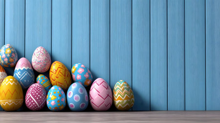 A collection of beautifully painted Easter eggs arranged against a light blue wooden backdrop.