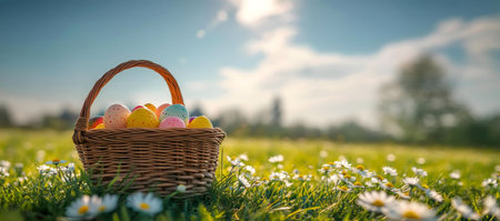 A wicker basket filled with colorful Easter eggs sits amidst a vibrant field of daisies on a bright sunny day.の写真素材
