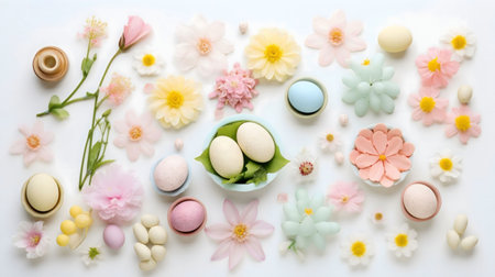 Pastel colored eggs and flowers create a beautiful Easter arrangement. Perfect spring holiday...