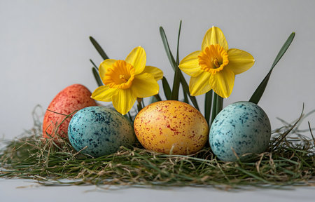 Close-up view of colorful Easter eggs and daffodils in a hay nest. A vibrant springtime scene.