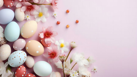 Pastel Easter eggs and delicate spring flowers create a charming scene.の写真素材