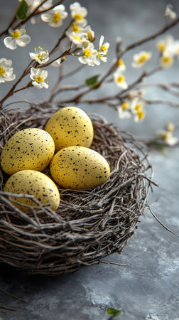 A rustic bird's nest holds delicate pastel yellow eggs, adorned with tiny brown spots. Spring blossoms add a touch of natural beauty.の写真素材