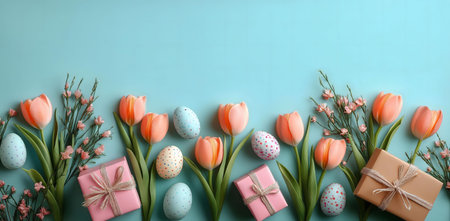 Pastel Easter scene with tulips, decorated eggs, and gifts arranged on a blue background.