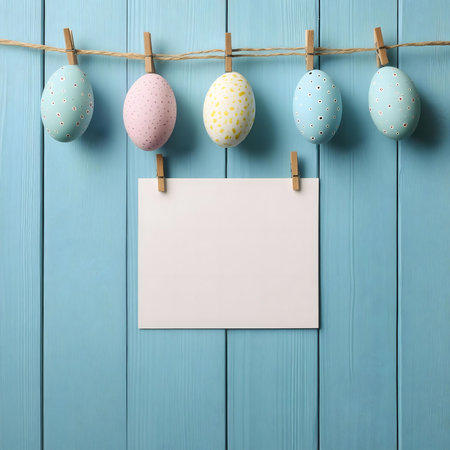Five pastel-colored Easter eggs hang from a string against a blue wooden background with a blank white sign.の写真素材