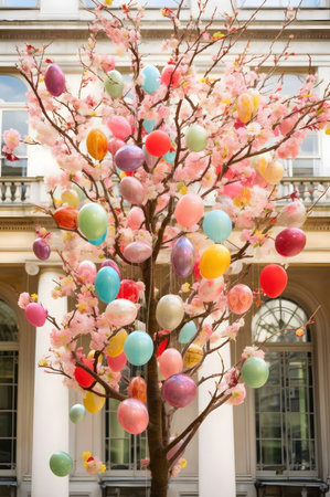 A springtime Easter tree adorned with colorful eggs and delicate pink blossoms.