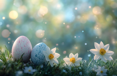 Pastel Easter eggs rest among blooming flowers in a soft, dreamy springtime scene.