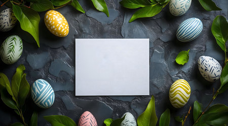 Happy Easter! A blank card surrounded by colorful painted eggs and green leaves.