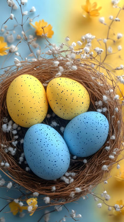 Four speckled pastel eggs in a bird's nest surrounded by delicate flowers.