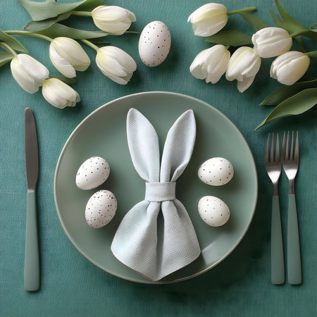 A charming Easter table setting with a light-blue bunny napkin, white speckled eggs, and white...