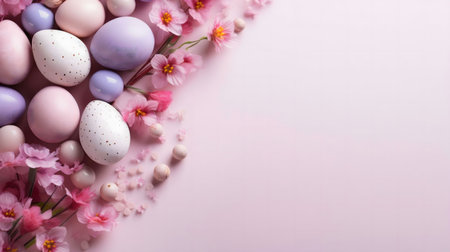 Pastel-colored Easter eggs nestled among delicate pink blossoms. A springtime celebration of beauty...