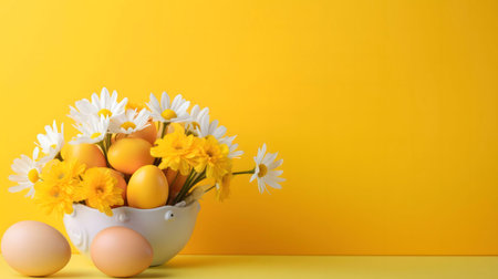 A delightful Easter arrangement of yellow eggs and daisies in a white bowl, set against a vibrant...