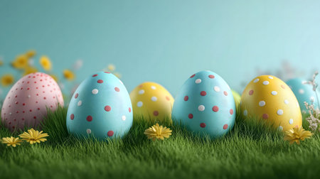 Pastel Easter eggs decorated with polka dots sit in a lush green meadow with springtime flowers.