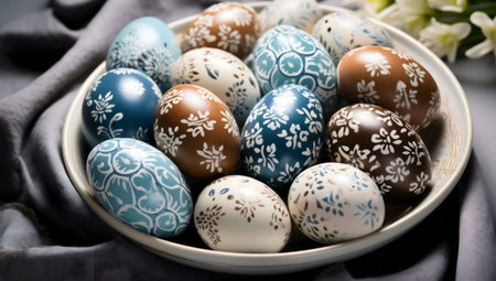 A close-up of beautifully decorated Easter eggs in a bowl. The eggs are painted intricately with...
