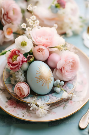 A pastel-colored Easter table setting with delicate flowers and beautifully painted eggs. Perfect for a spring celebration.の写真素材