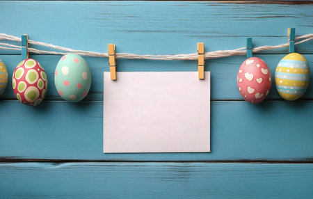 Five decorated Easter eggs hang from twine on a blue wooden backdrop, with a blank note in the center. Perfect for your Easter messageの写真素材