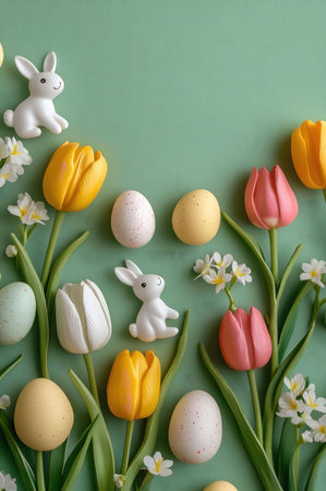Pastel colored Easter eggs and tulips with cute bunnies. Festive spring scene.