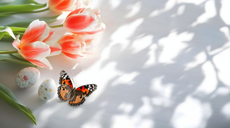 A delightful spring scene featuring vibrant tulips, a delicate butterfly, and Easter eggs, bathed in soft sunlight.の写真素材